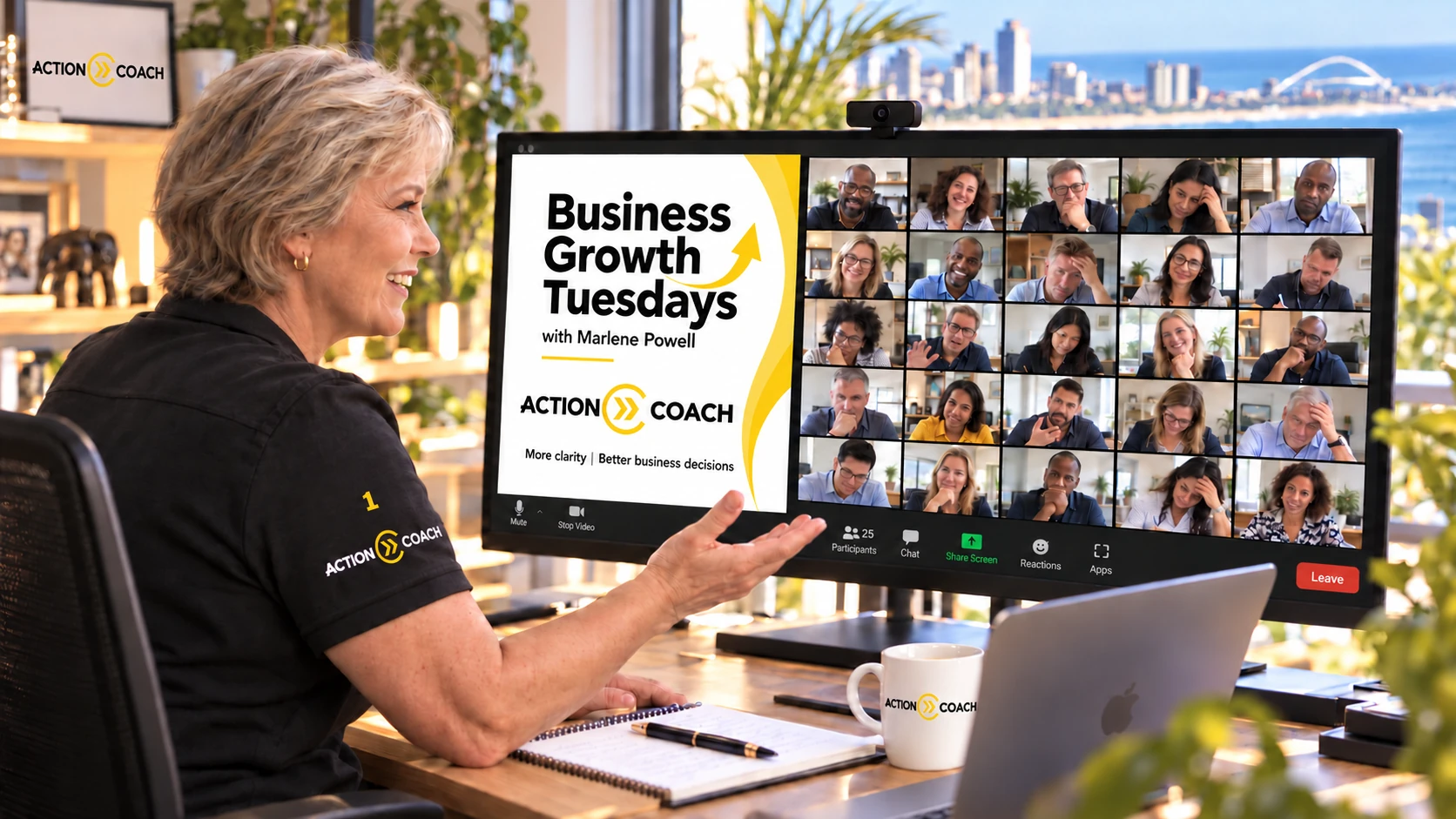 Illustration of Marlene facilitating Business Growth Tuesdays on Zoom with 25 Business Owners and an ActionCOACH presentation